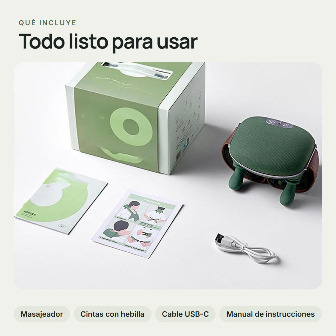 Sazuko – qué incluye: masajeador, cintas con hebilla, cable USB-C y manual
